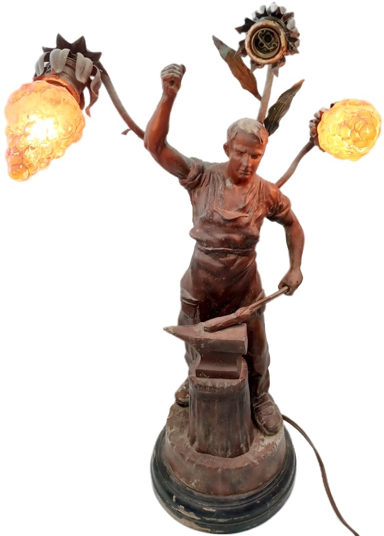 Large 24.5 inch Art Nouveau Spelter Blacksmith Figural Grapes Lamp Statue Sculpture Figure (1 of 6)