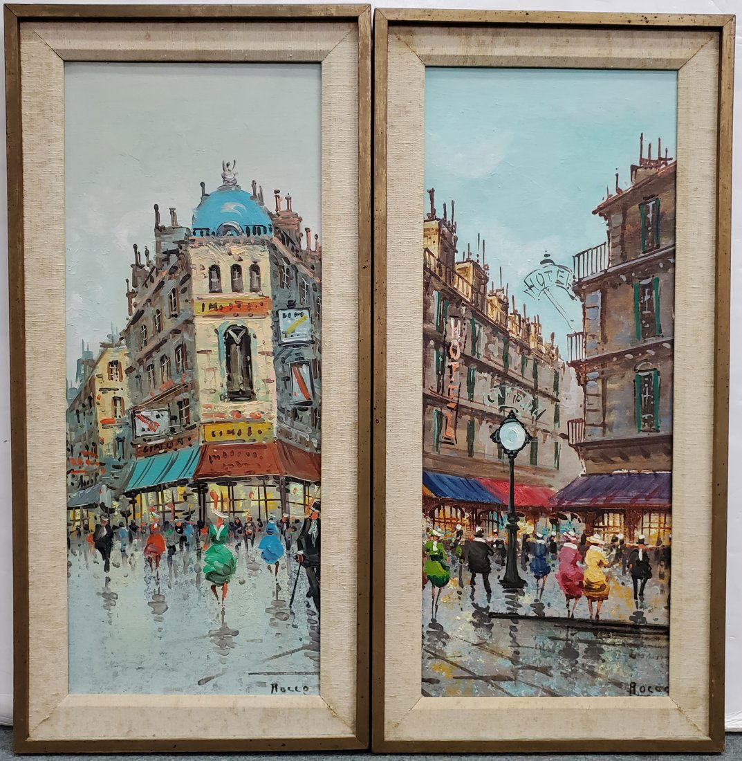 Signed Rocco Street Scene Mid Century Modern Oil Painting Pair: Described By:Michelle 2024X Title:Signed Rocco Street Scene Mid Century Modern Oil Painting Pair Description: Signed Rocco Street Scene Mid Century Modern Oil Painting Pair. Oil on canvas. Signature: