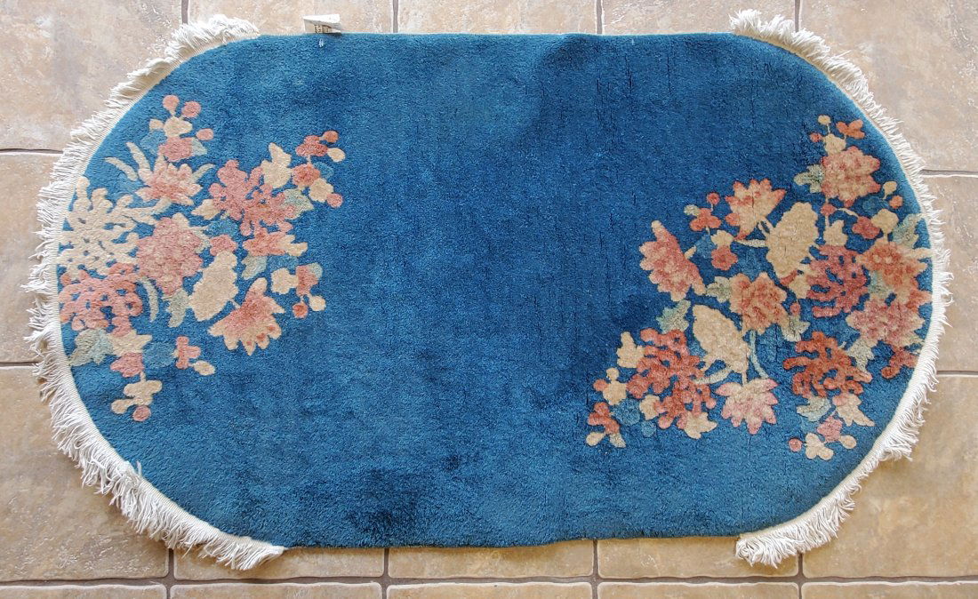 Vintage Chinese Oval Wool Carpet 54x31in Floral Area Rug (1 of 4)