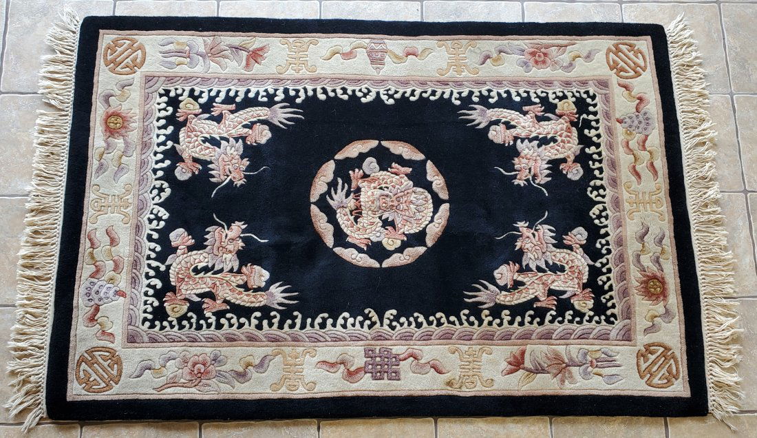 Chinese Dragon Black Silk Vintage Area Rug 72x47in (1 of 5)