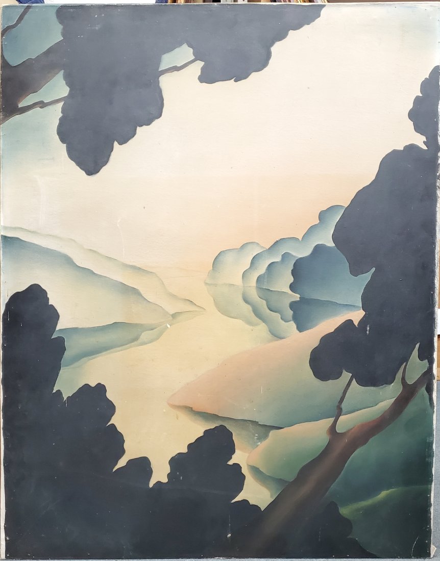 Mystery Art Deco Oil Painting 46x36in California NY Estate Semi Abstract Pre War Landscape Modernist (1 of 6)