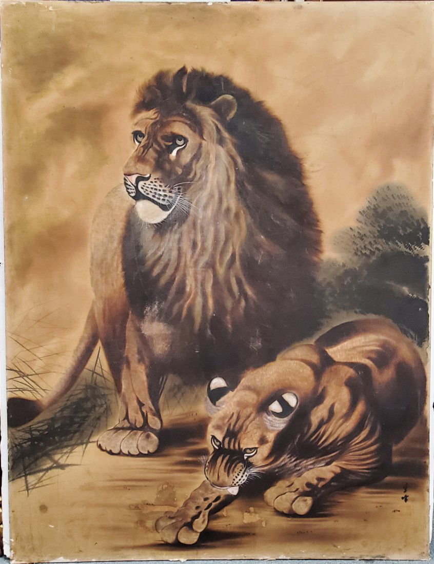 Large Antique Chinese Korean Signed Stamped Lion Watercolor Painting on Silk (1 of 6)