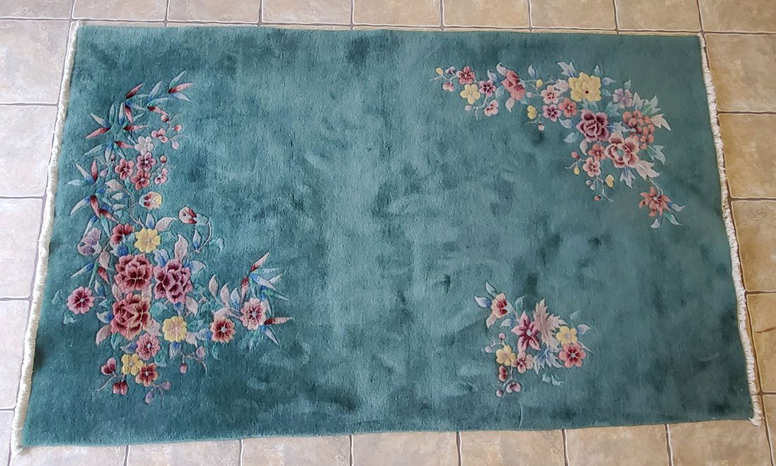 Large Silk Floral Green Area Rug 54 X 85in (1 of 3)