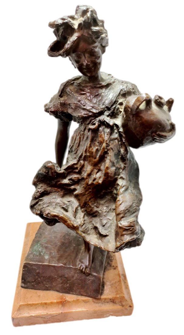 Signed Fond Art Lagana Naples Napoli Ceritti Bronze Water Girl Sculpture Figure Marble Base (1 of 7)