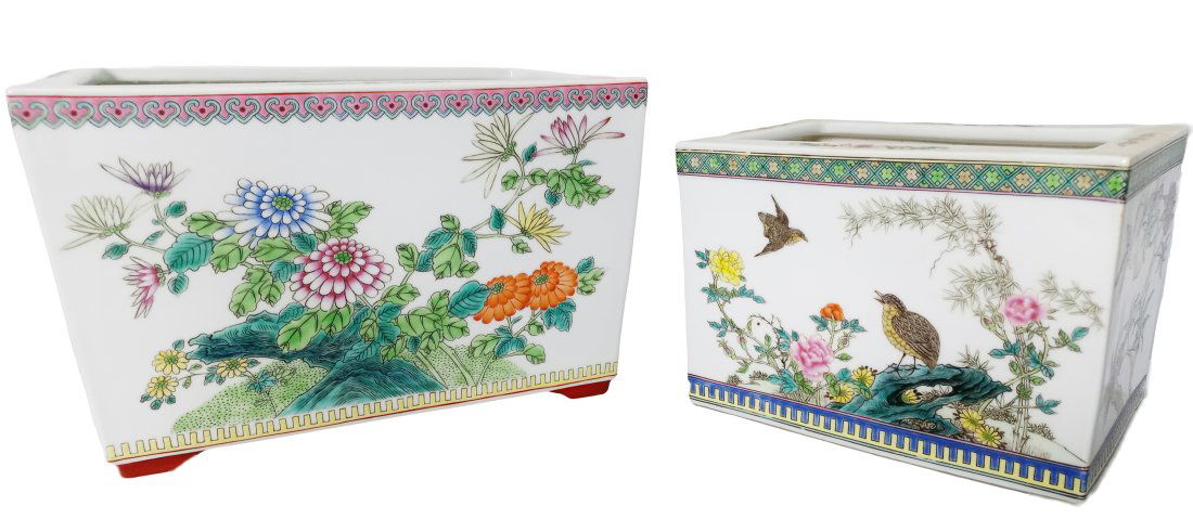 Lot of 2 Large Chinese Jardiniers Famille Rose Fruit Flower Bird Vintage Porcelain Flower Pots (1 of 11)