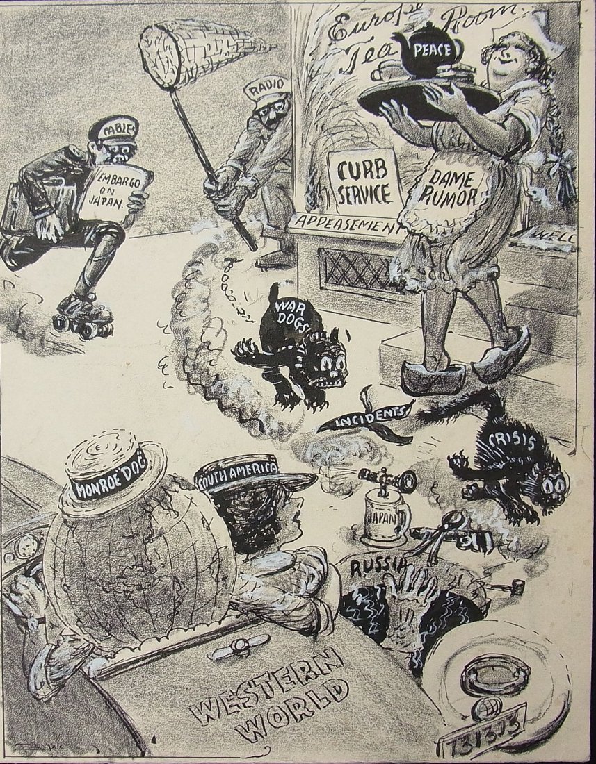 Frank Spangler Montgomery Advertiser “Many A Slip”: Clh420 Title: Frank Spangler Montgomery Advertiser “Many A Slip” Dame Rumor Embargo On Japan War Dogs Monroe “Doc” Editorial Original Political Illustration Cartoon Newspaper Pen and Ink Drawi
