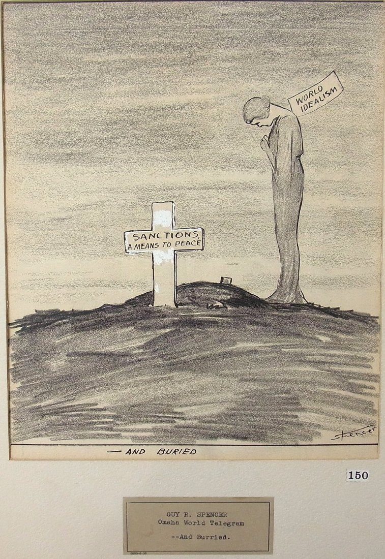 Guy R. Spencer Omaha World Telegram Sanction A Mean: Clh502 Title: Guy R. Spencer Omaha World Telegram Sanction A Means To Peace World Idealism Editorial Original Political Illustration Cartoon Newspaper Pen and Ink Drawing Description: Guy R. Spencer O