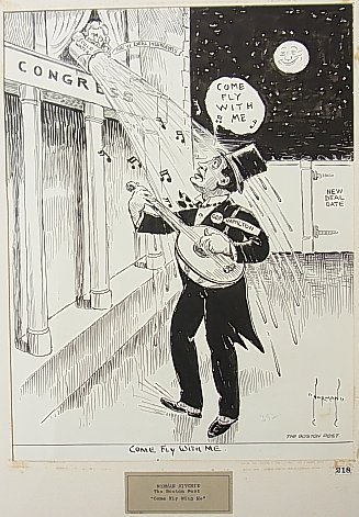 Norman Ritchie The Boston Post G. O. P. Hamilton s: Clh288 Title: Norman Ritchie The Boston Post G. O. P. Hamilton singing “Come Fly With Me” to the New Deal Insurgents Editorial Original Political Illustration Cartoon Newspaper Pen and Ink Drawing