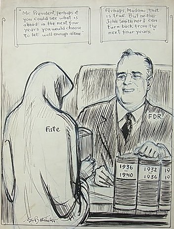 Clarence Daniel “C.D.” Batchelor Pulitzer Prize Wi: Clh457 Title: Clarence Daniel “C.D.” Batchelor Pulitzer Prize Winner New York Daily News Roosevelt & Fate Editorial Original Political Illustration Cartoon Newspaper Pen and Ink Drawing Descriptio
