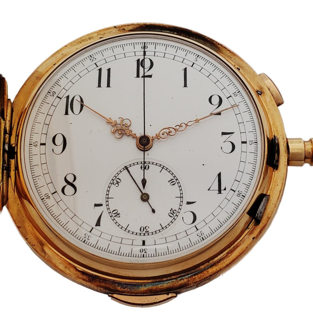 Huge Minute Repeater Chronograph 14k Gold Invicta Hunter Pocket Watch for German Market w Box: Described By:Michelle FYDD 55002 Title:Huge Minute Repeater Chronograph 14k Gold Invicta Hunter Pocket Watch for German Market w Box Description: Has Swiss, German and import marks. Was retailed by Ka