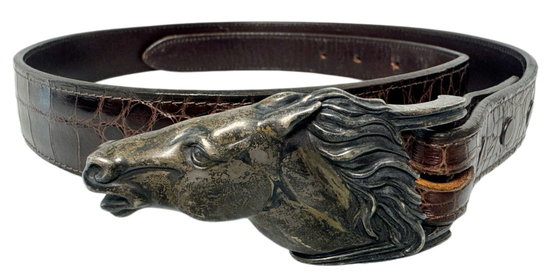 Jeff Deegan Designer Sterling Silver Running Horse 1.5" Belt Buckle w/ Alligator Skin Belt 41 Inches: Title:Jeff Deegan Designer Sterling Silver Running Horse Belt Buckle with Alligator Skin Belt 41 Inches Description: Vintage designer Jeff Deegan 1.5 inch sterling silver Running Horse belt buckle, da