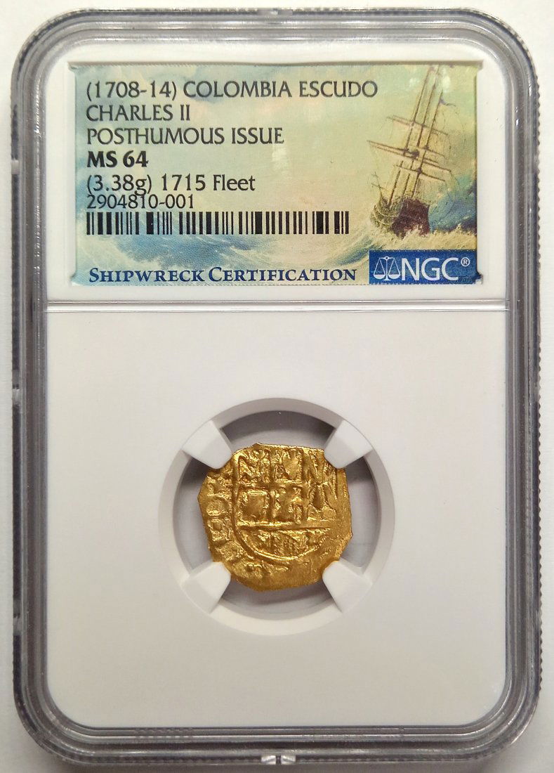 NGC 1715 Shipwreck Fleet Columbian Escudo Gold Coin Piece Uncirculated MS 64 Charles II Posthumous (1 of 6)