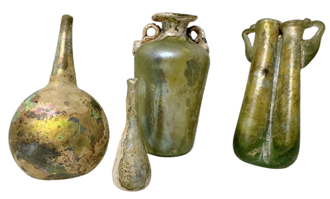 Lot of Four Ancient Roman Iridescent Glass Double Alabastron Tear Glasses Perfume Bottles Amphora (1 of 14)