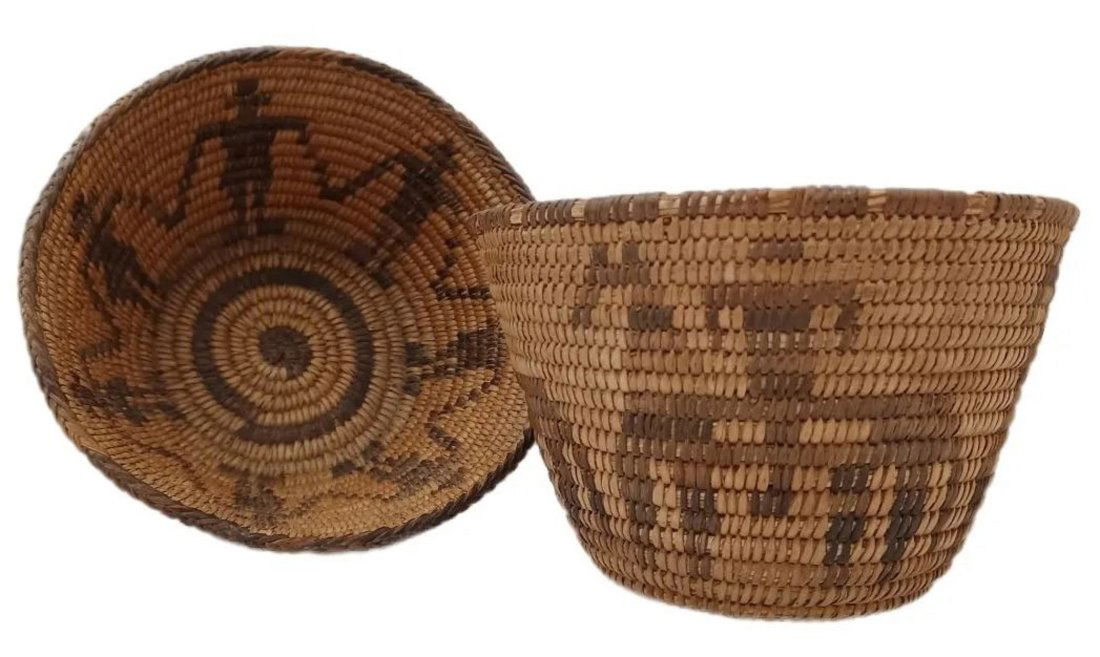 Native American Antique Apache Woven Basket Pair Horseback and Figurative Designs (1 of 6)