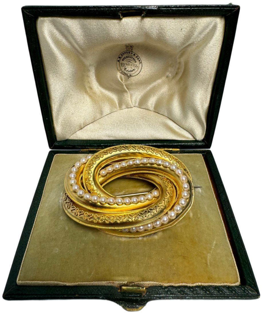 Huge 18k Gold Genuine Pearl Victorian Love Knot Brooch A.B. Savory & Sons Goldsmiths London (1 of 10)