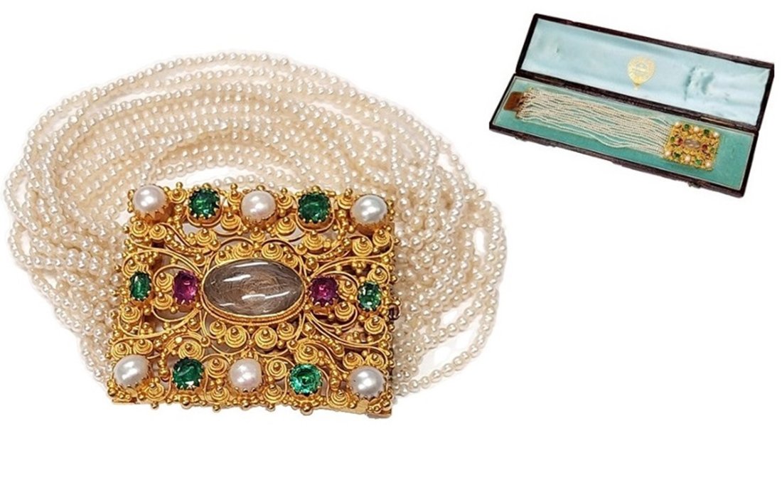 18k / 20k Gold Natural Emerald Ruby Multi Strand Seed Pearl Victorian Hair Locket Bracelet w/ Box (1 of 10)