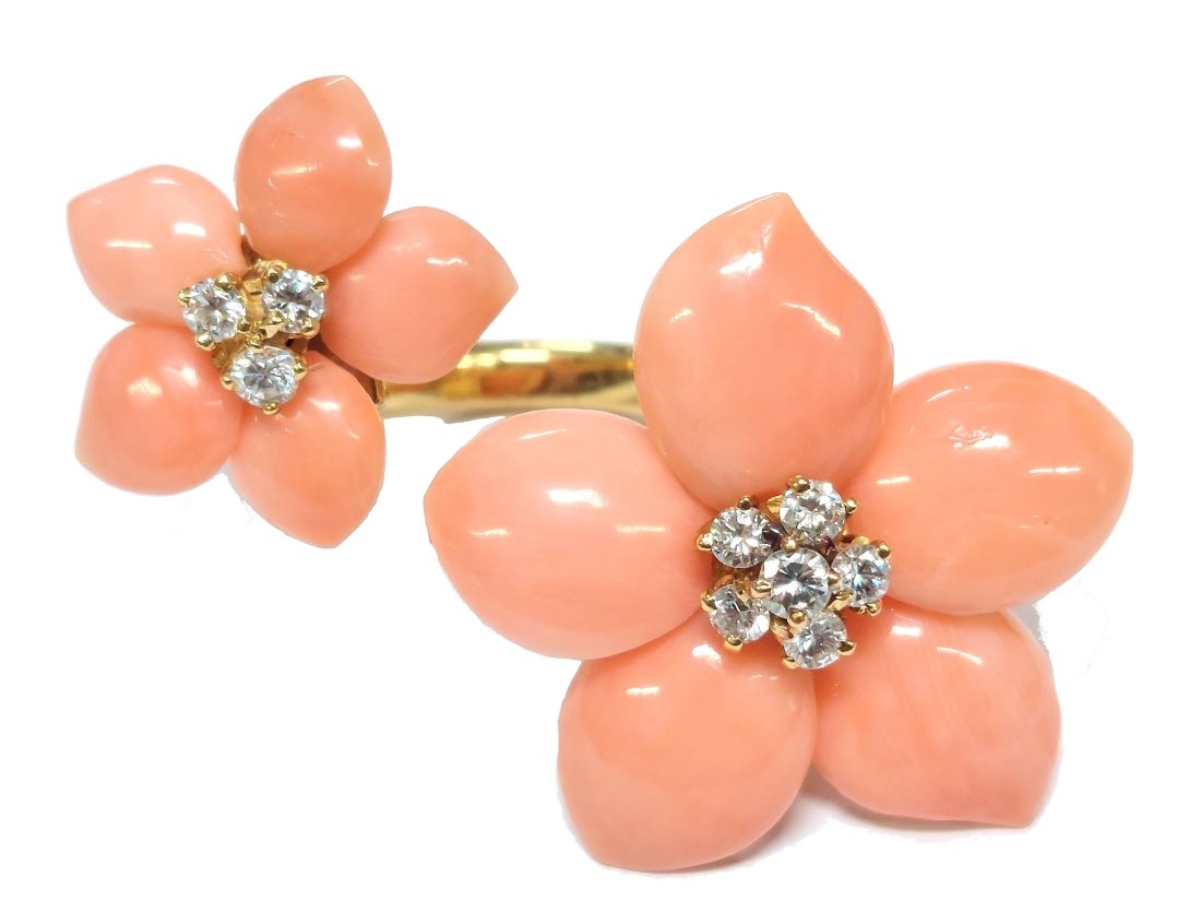Van Cleef Coral Diamond Rose De Noel Flower Bypass Ring 18K Gold (1 of 5)
