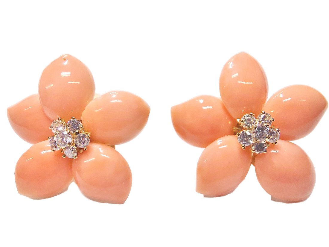 Van Cleef Coral Diamond Rose De Noel Flower Clip On Earrings 18K Gold (1 of 5)