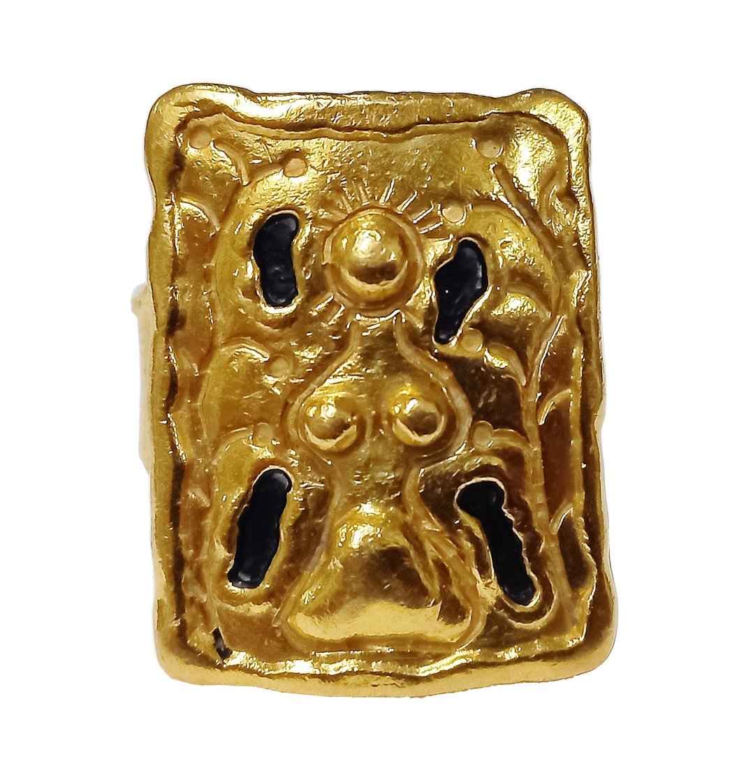 Designer Jean Mahie 22K Hammered Gold Black Enamel Tribal Woman Unisex Statement Ring (1 of 10)