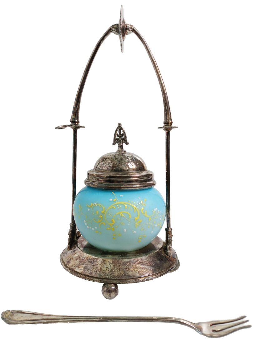 Victorian Silver Plate Aesthetic Blue Enamel Art Glass Pickle Server w/ Fork (1 of 13)