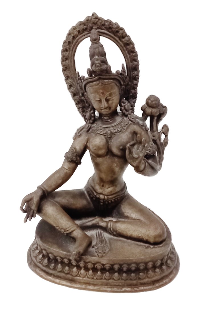 Bronze Seated Green Tara Buddha Statue Karma Wheel Carving (1 of 8)