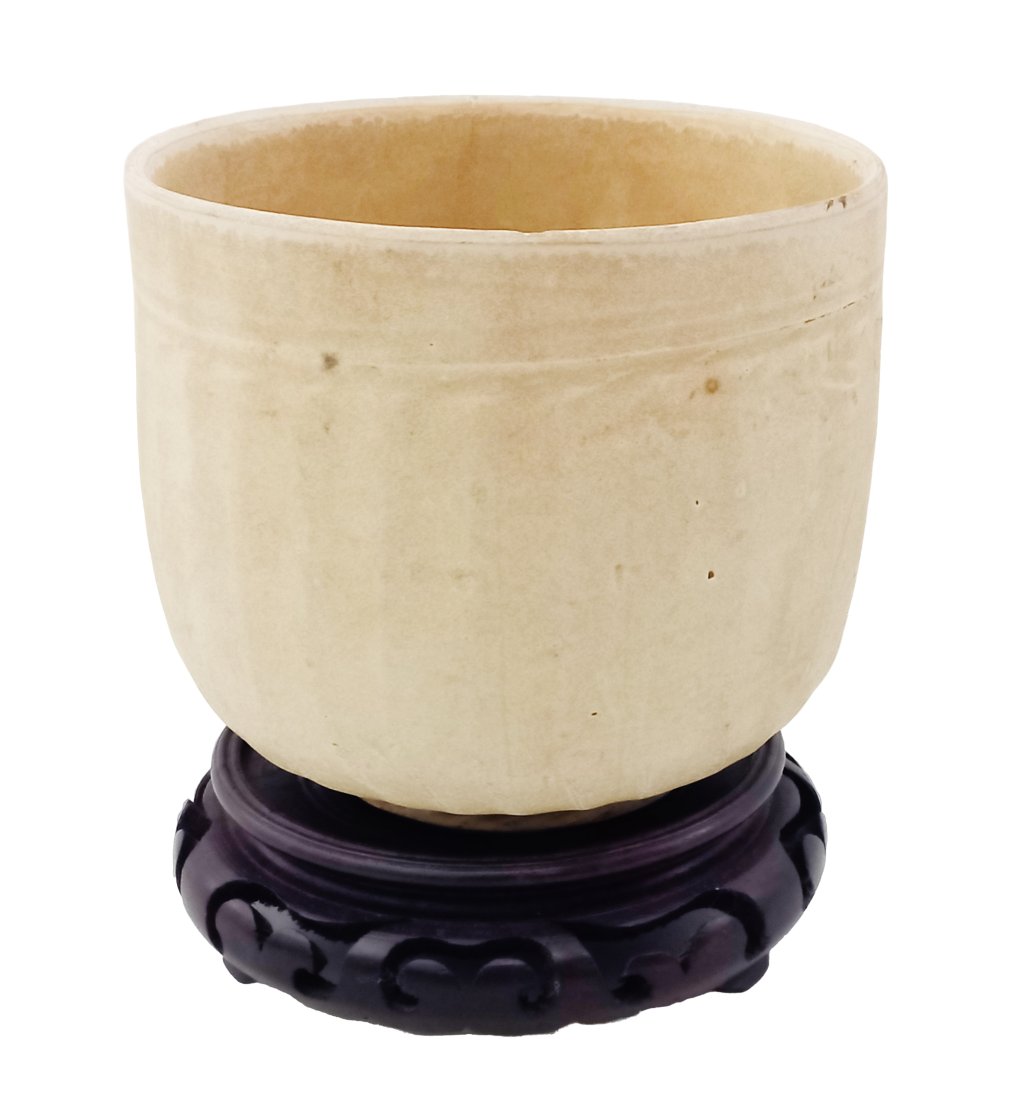 Early Antique Brushed Beige Khaki Tan Ceramic Pottery 4.5 Inch Planter Pot w/ Stand (1 of 7)
