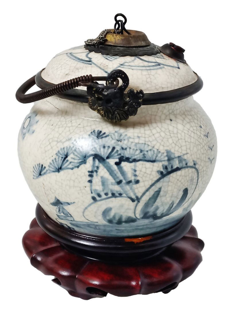 Vintage Blue and White Ceramic Crackle Opium Pottery Pot Pipe w/ Stand (1 of 7)