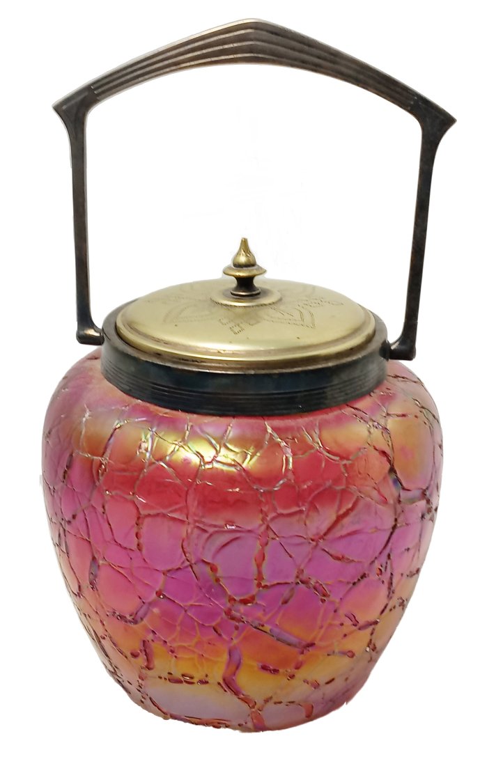 WMF Silver Mounted Konin or Kralik Pink Iridescent Bohemian Crackle Glass Vase Jar (1 of 7)