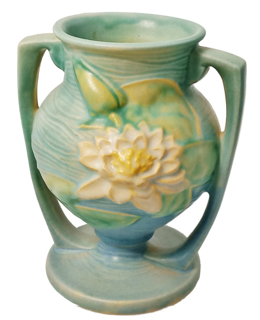 Vintage Ciel Blue Waterlily Roseville Pottery 6 Inch Handled Pot Vase (1 of 6)