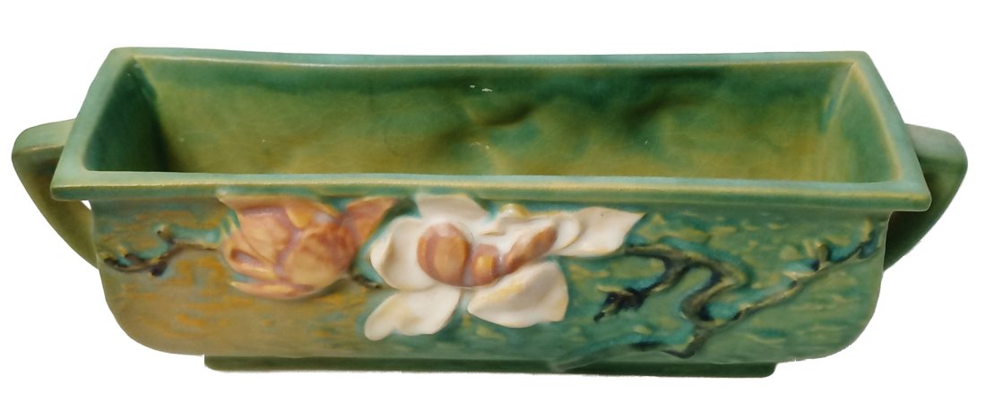 Vintage Roseville Magnolia Green Ceramic Pink 8 Inch Long Flower Pot (1 of 6)