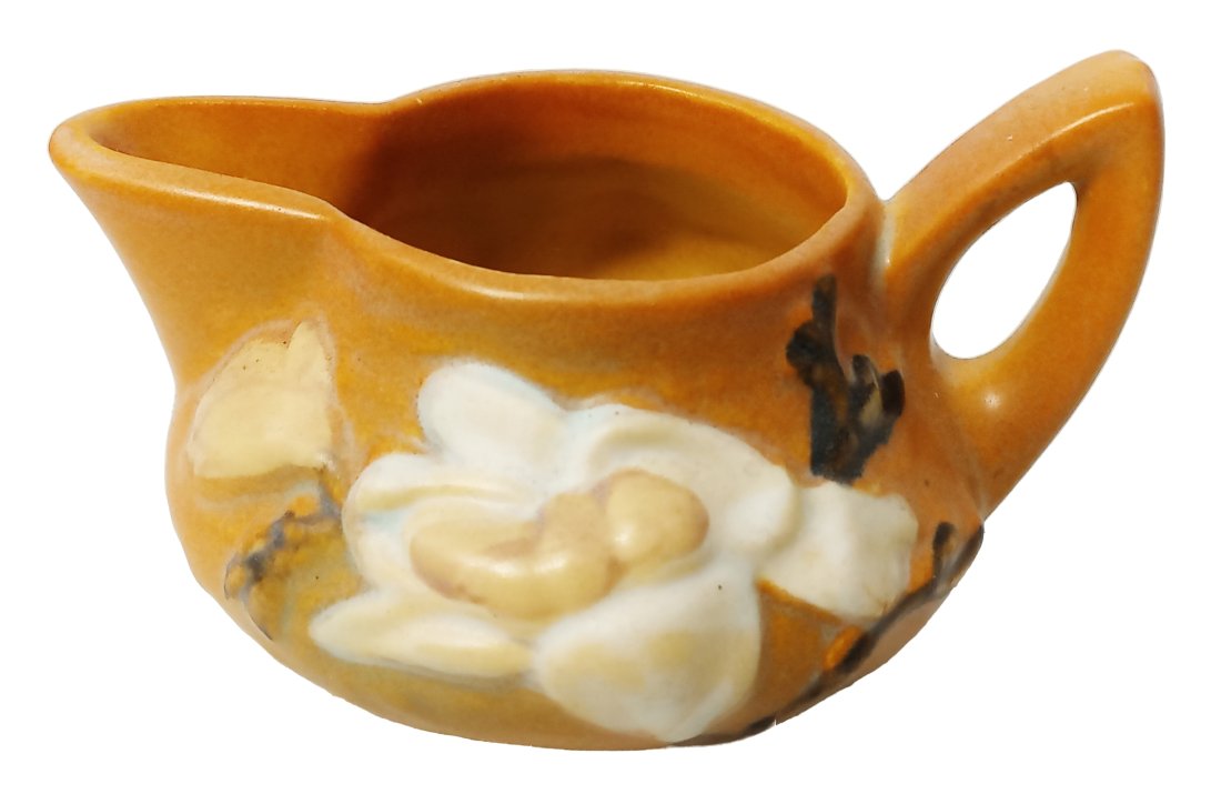 Vintage Tangerine Orange Roseville Pottery Magnolia Jardiniere Ceramic Pot w. Handle (1 of 4)