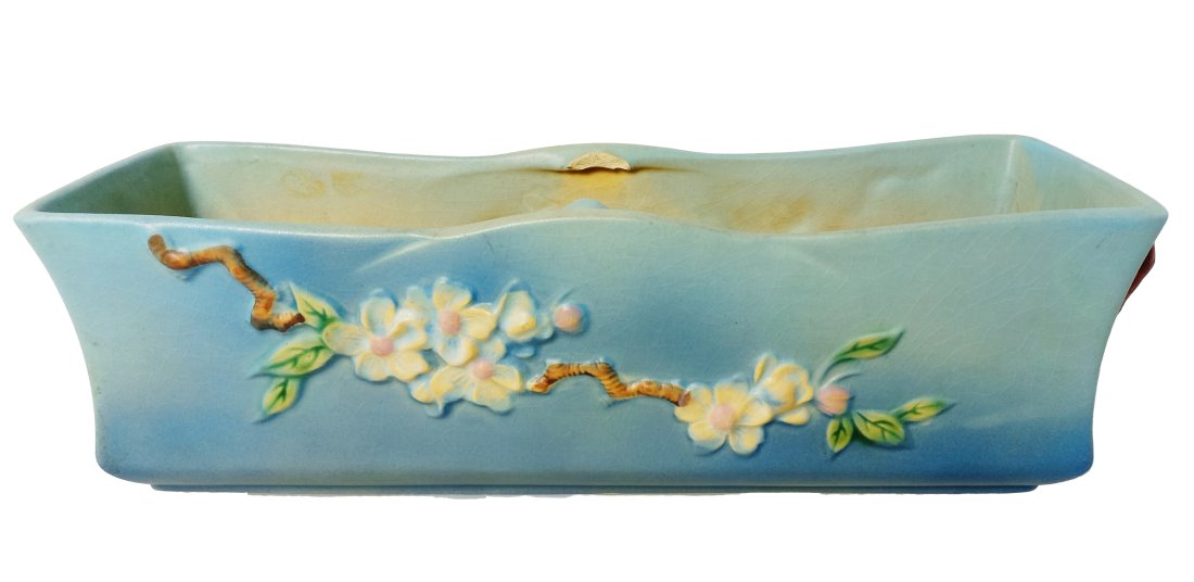 Vintage Roseville Pottery 15 Inch Extra Long Aqua Blue Apple Blossom Planter Pot (1 of 6)