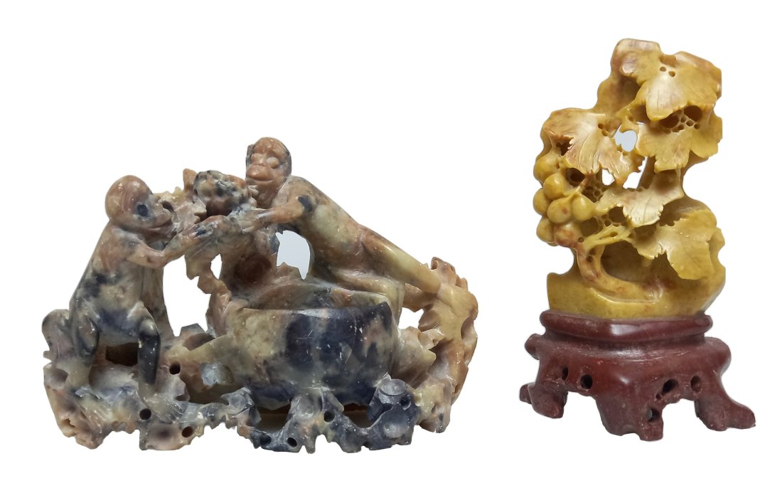 Antique Chinese Lot Of Two Carved Soapstone Statue Figures Monkey Group & Fruit Tree (1 of 9)