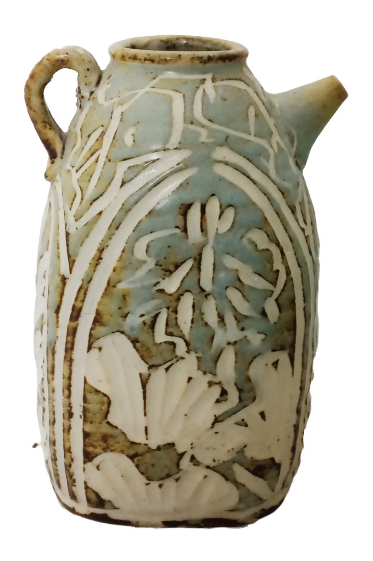 Arts & Crafts 1910s Etched Pottery Beige Blue Decorative Jug Pitcher (1 of 5)