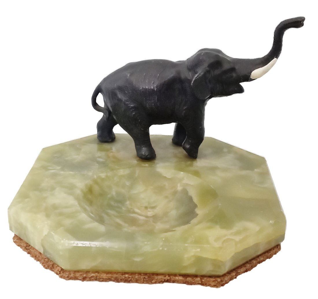 Antique Bronze Elephant Figure Green Agate Coin Dish Ash Tray (1 of 7)