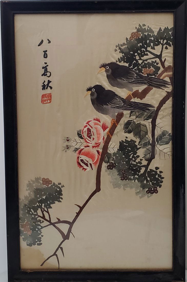 Old Chinese Silk Embroidery Embroidered Birds Art Signed or Inscribed (1 of 6)