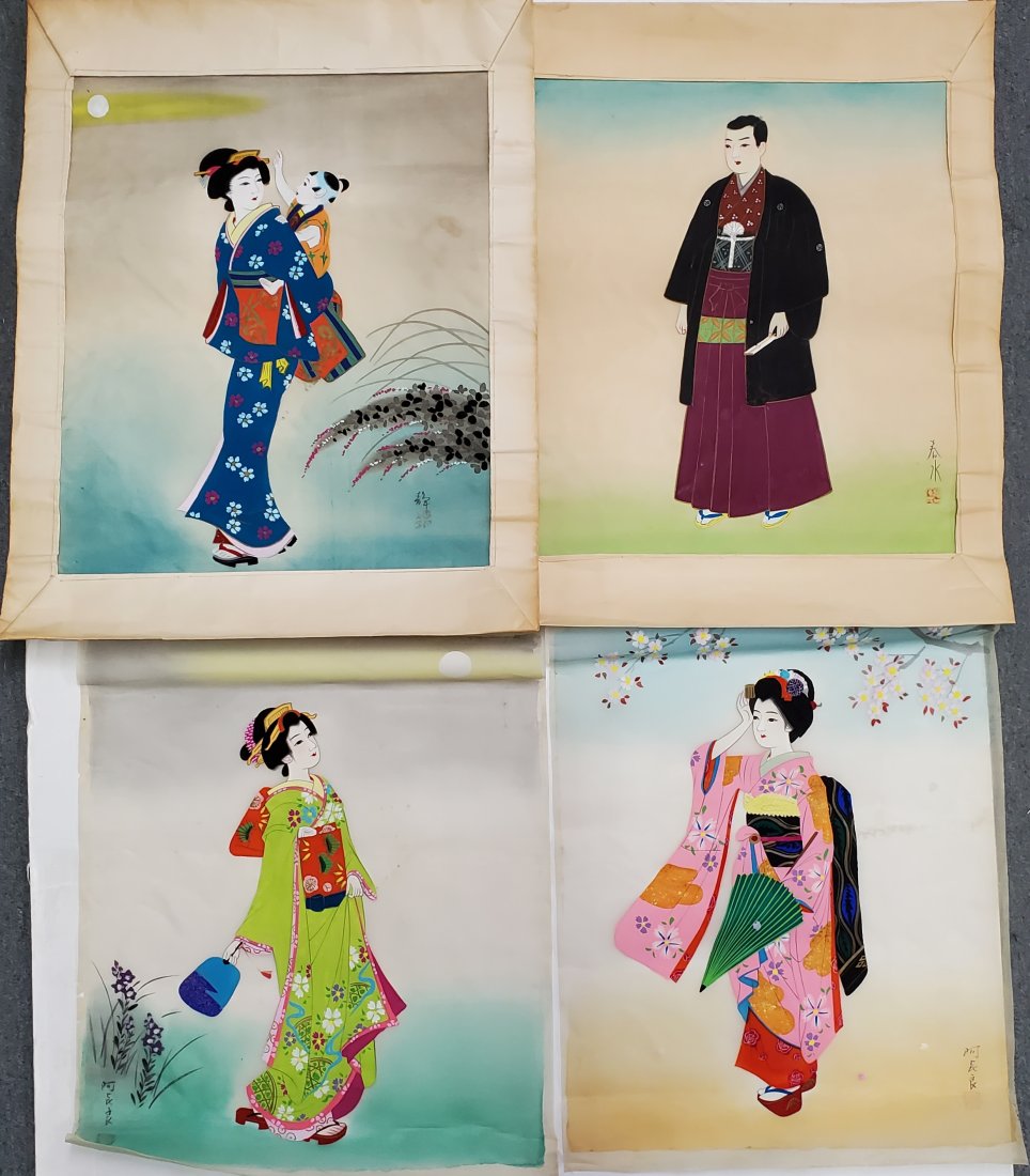 Japanese Painted Silk Figural Vintage Signed Stamped Paintings Lot of 4 (1 of 5)