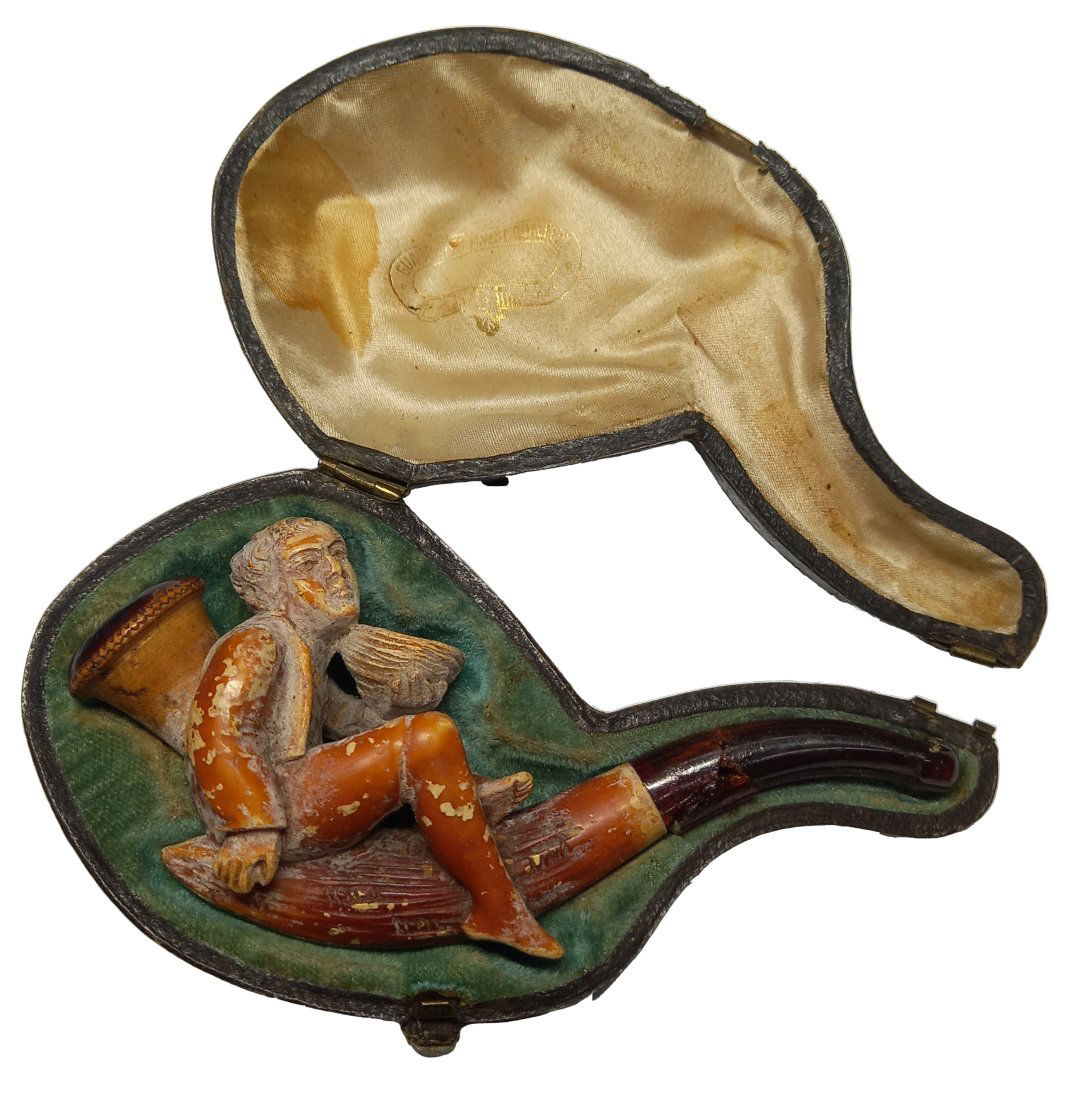 Antique Figural Meerschaum Carved Man With Basket Occupational Pipe w/ Case 4in (1 of 8)
