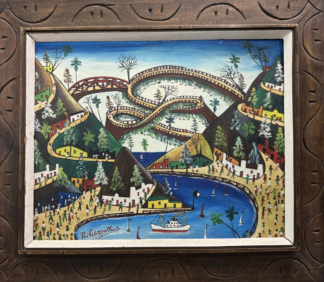 Prifete Duffaut Haitian Oil on Board Painting Signed Framed Colorful: Described by:Sam HFA 2024X Title:Prifete Duffaut Haitian Oil on Board Painting Signed Framed Colorful Description: Prifete Duffaut Haitian Oil on Board Painting Signed Framed Colorful Measurements: