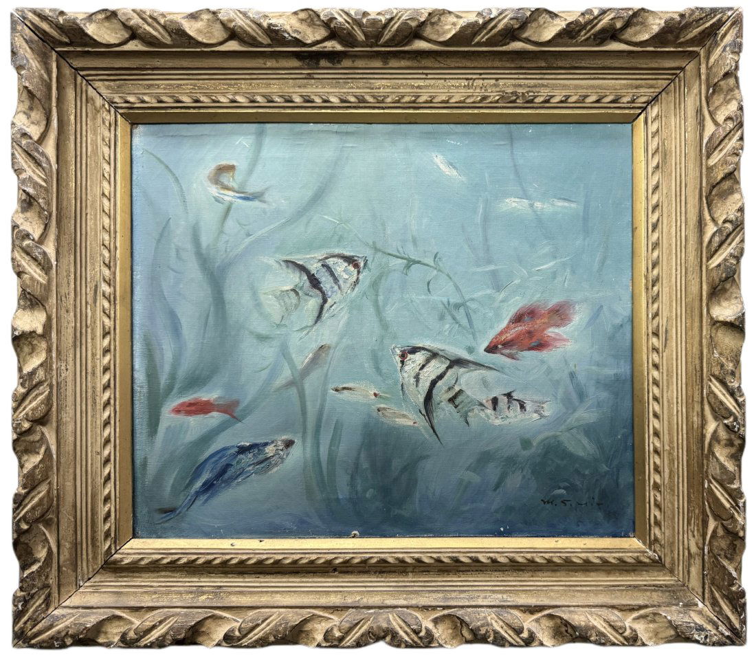 Aquatic Aquarium Scene Signed Oil on Board Vintage Painting Angelfish Beta Fish (1 of 7)