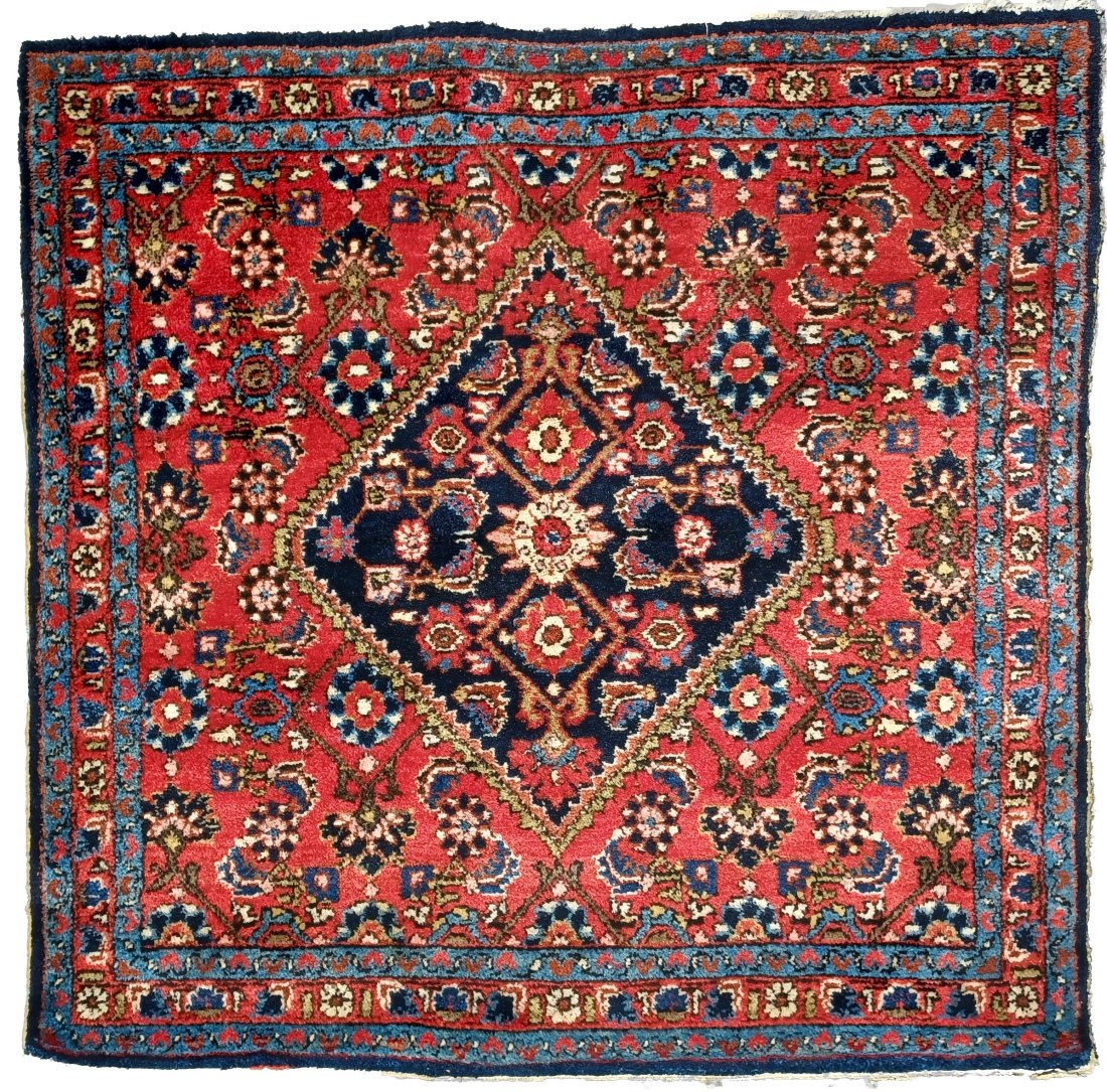 Oriental Square Red And Blue Floral Design Vintage Rug Carpet 3' 4" x 3' 5" (1 of 5)