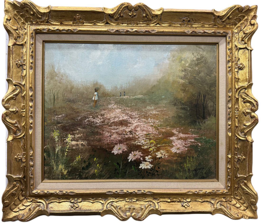 Allen Porziani Signed Meadow Scene with Children Oil on Canvas Painting (1 of 7)