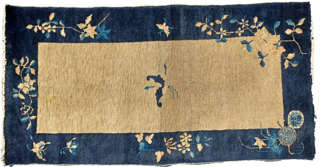 Antique Asian Chinese Oriental Navy Blue Tan Floral Blessing Rug 4'10"x2' 6" (1 of 7)