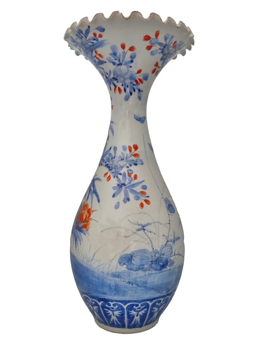 Large Signed Kutani Imari Arita Japanese Meiji Vase Scenic Bird Landscape Flora Porcelain Design: Described By:Dillon HFA DT45829 NED Title:Large Signed Kutani Imari Arita Japanese Meiji Vase Scenic Bird Landscape Flora Porcelain Design Description: Large Signed Kutani Imari Arita Japanese Meiji V