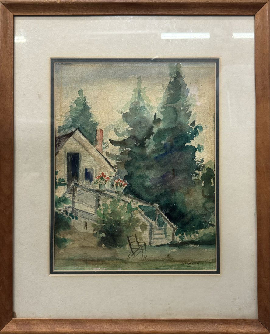 Likely Florence Newcomer Signed Vintage Watercolor Double Painting Artwork Flowers Homestead Scene (1 of 5)