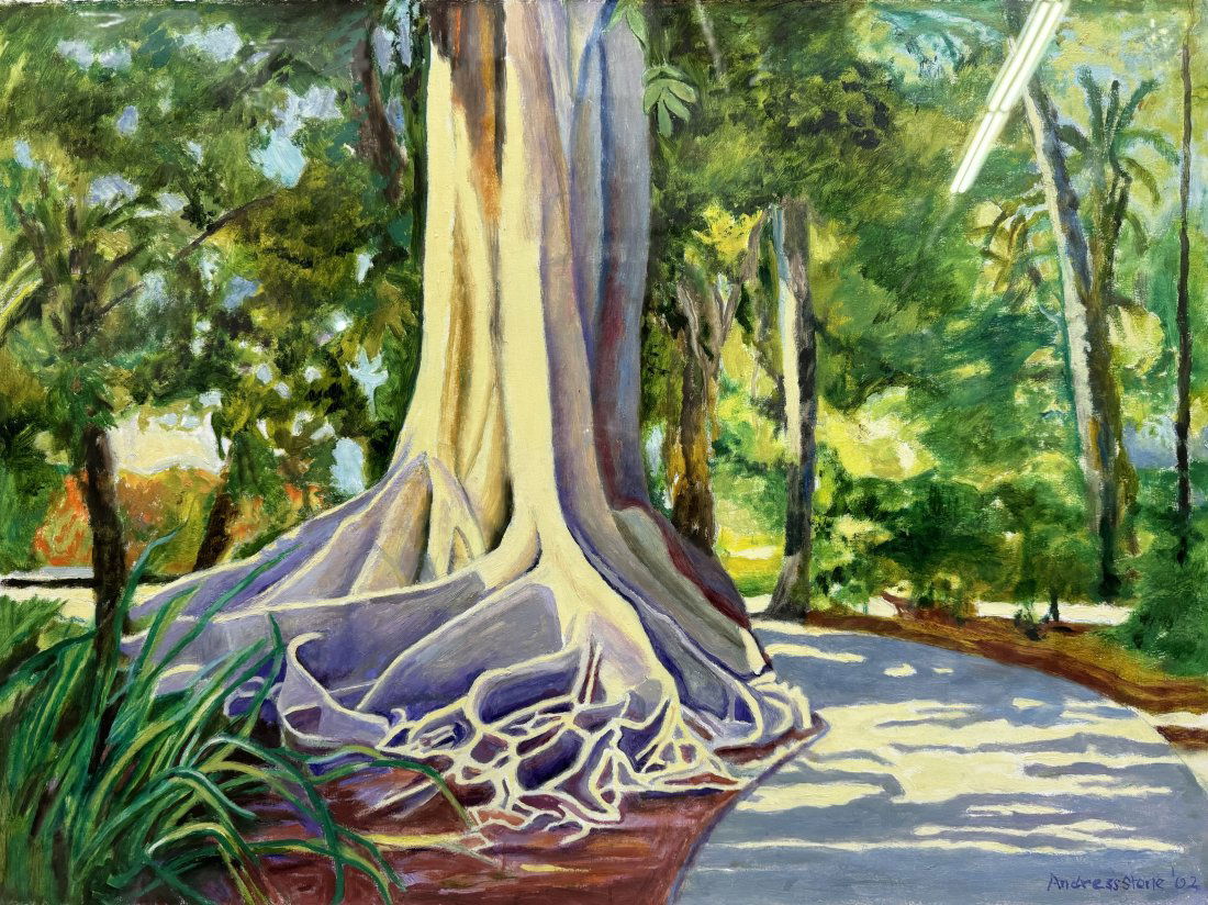 Ruth Andress Stone Signed Large Oil on Paper “Banyan Way” Painting 2002 (1 of 10)