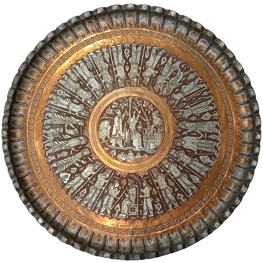 Antique 23in Islamic Jali Qajar Style Tin Washed Copper Scenic Medallion Charger Serving Tea Coffee: Described By:CNX 1341 8237 NED Title:Antique 23in Islamic Jali Qajar Style Tin Washed Copper Scenic Medallion Charger Serving Tea Coffee Tray Description: Antique 23in Islamic Jali Qajar Style Tin Was