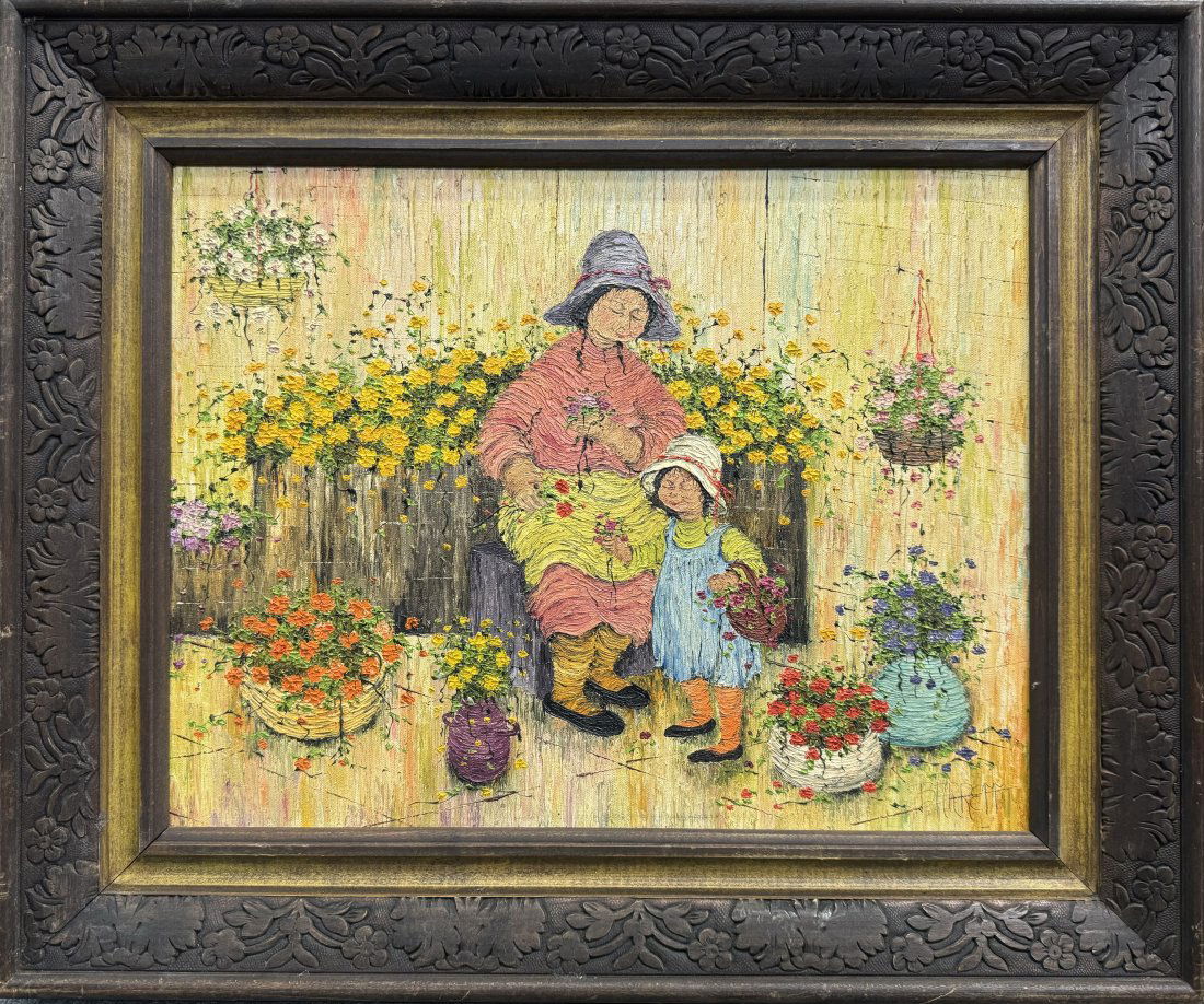 Mildred Barrett Signed Impasto Oil on Canvas Naïve Folk Art Floral and Figural Painting: Described by:Sam HFA 2024X Title:Mildred Barrett Impasto Oil on Canvas Naïve Folk Art Floral and Figural Painting Description: Mildred Barrett Impasto Oil on Canvas Naïve Folk Art Floral and Figural