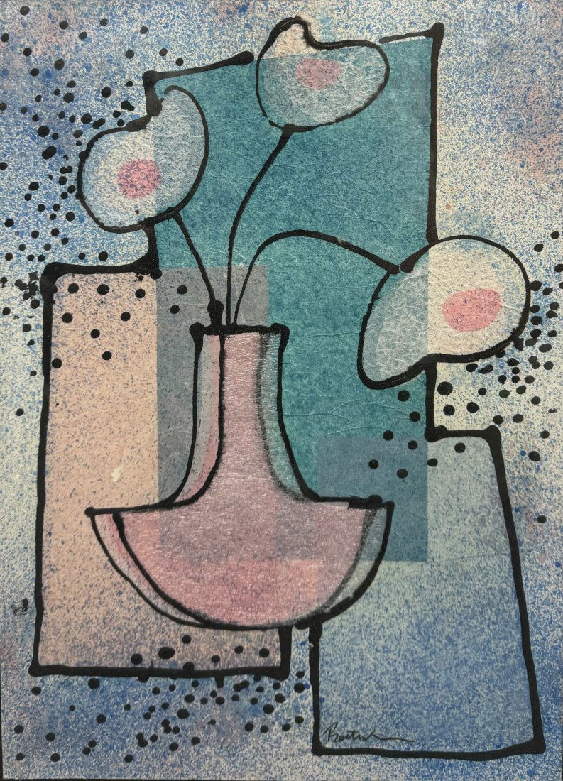 Signed Abstract Floral Flower Vase Gouache and Mixed Media Painting (1 of 5)