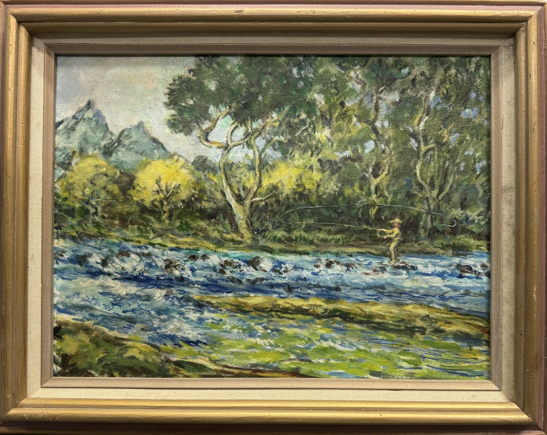 Fly Fishing in the River Impressionist Oil on Canvas Painting: Described By:Sam HFA 2024X Title: Fly Fishing in the River Impressionist Oil on Canvas Painting Description:Fly Fishing in the River Impressionist Oil on Canvas Painting Hallmarks or Signature: